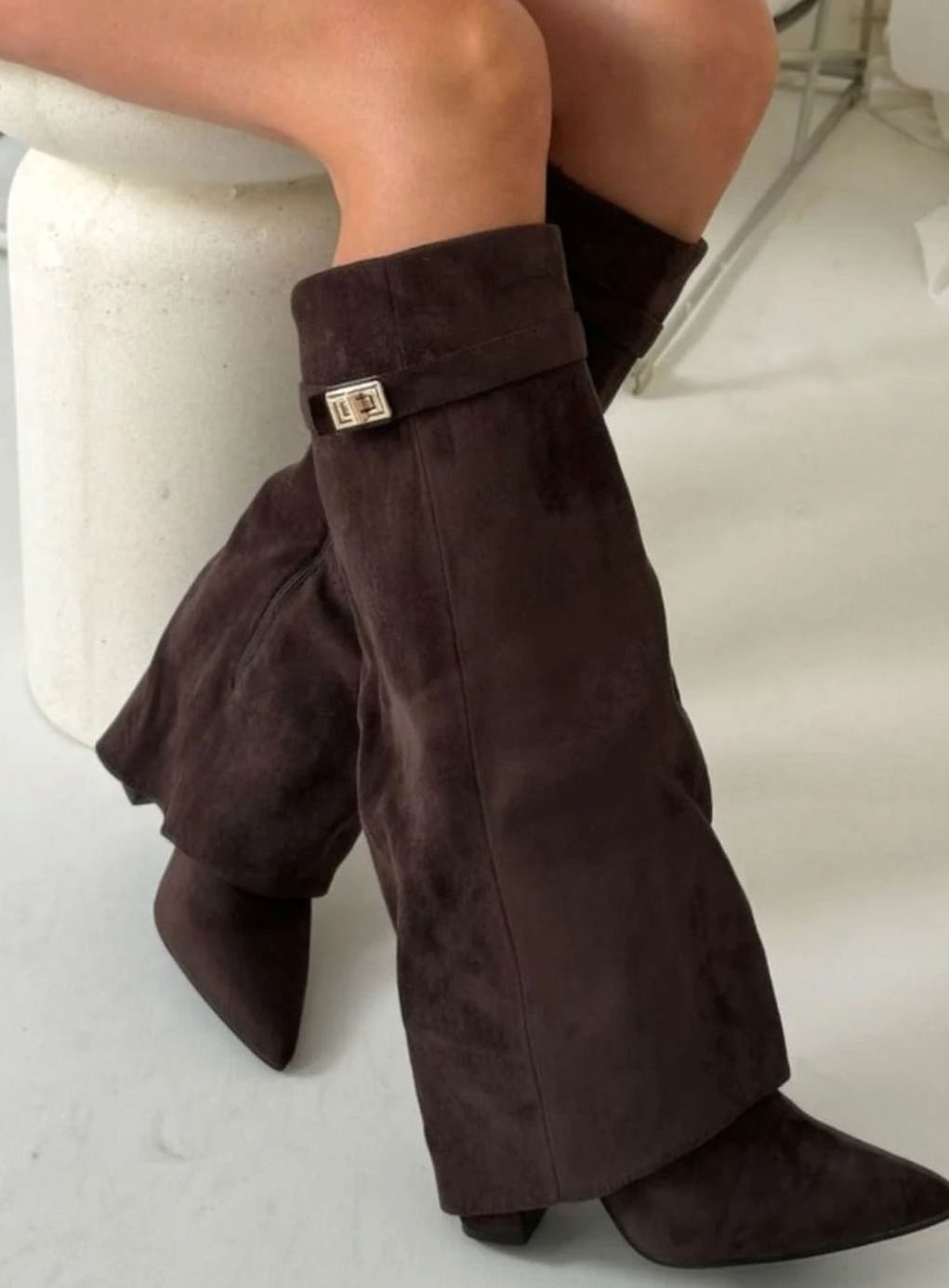 Women's Suede Fold-Over Knee-High Boots Gold Clasp