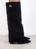 Women's Suede Fold-Over Knee-High Boots Gold Clasp - Black