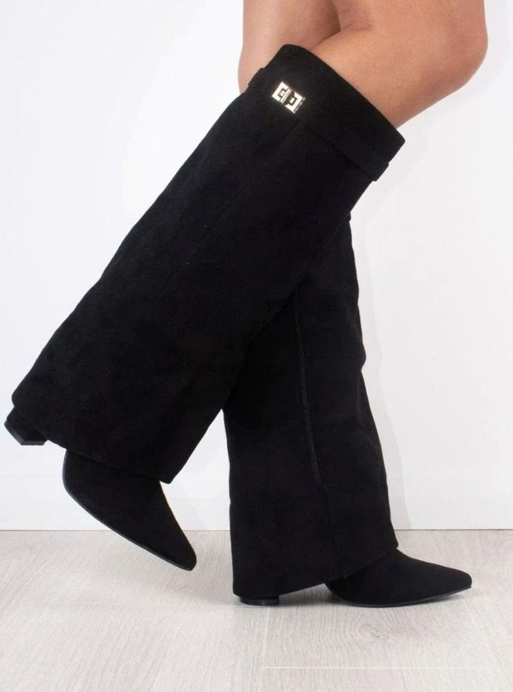 Women's Suede Fold-Over Knee-High Boots Gold Clasp