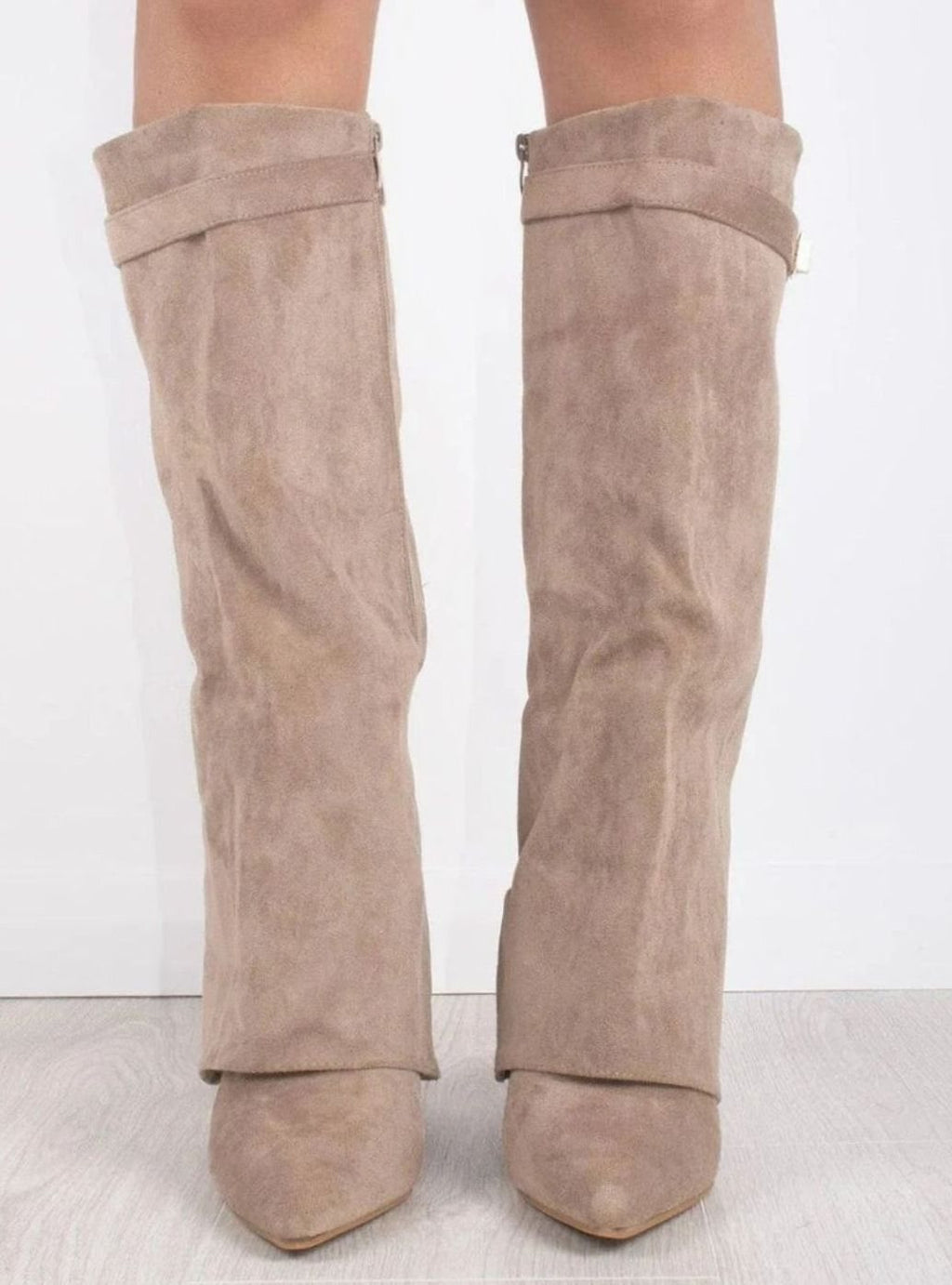 Women's Suede Fold-Over Knee-High Boots Gold Clasp