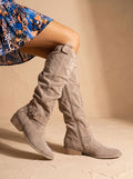 Women's Suede Knee High Boots Flat Low-Heel Side-Zip - Beige