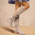 Women's Suede Knee High Boots Flat Low-Heel Side-Zip, Beige - Beige