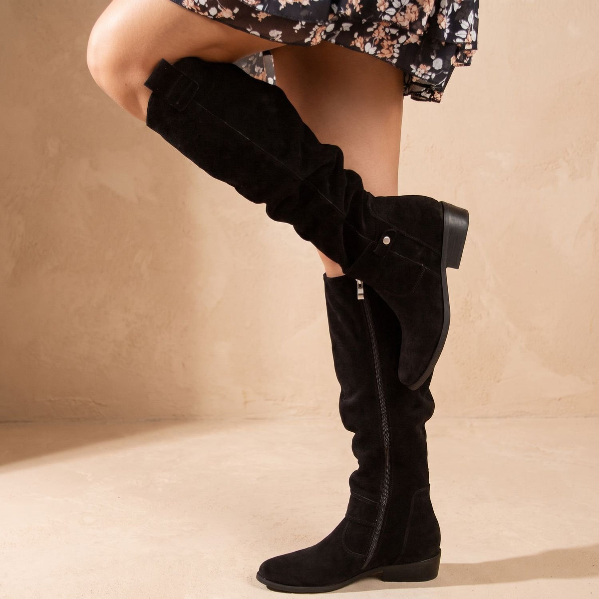 Women's Suede Knee High Boots Flat Low-Heel Side-Zip, Beige - Black