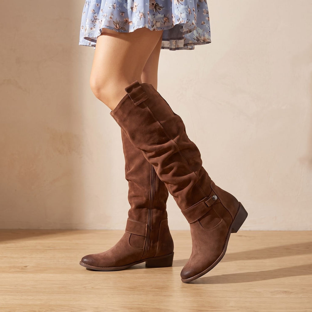 Women's Suede Knee High Boots Flat Low-Heel Side-Zip, Beige - Brown