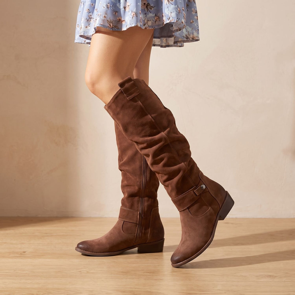 Women's Suede Knee High Boots Flat Low-Heel Side-Zip, Beige - Brown