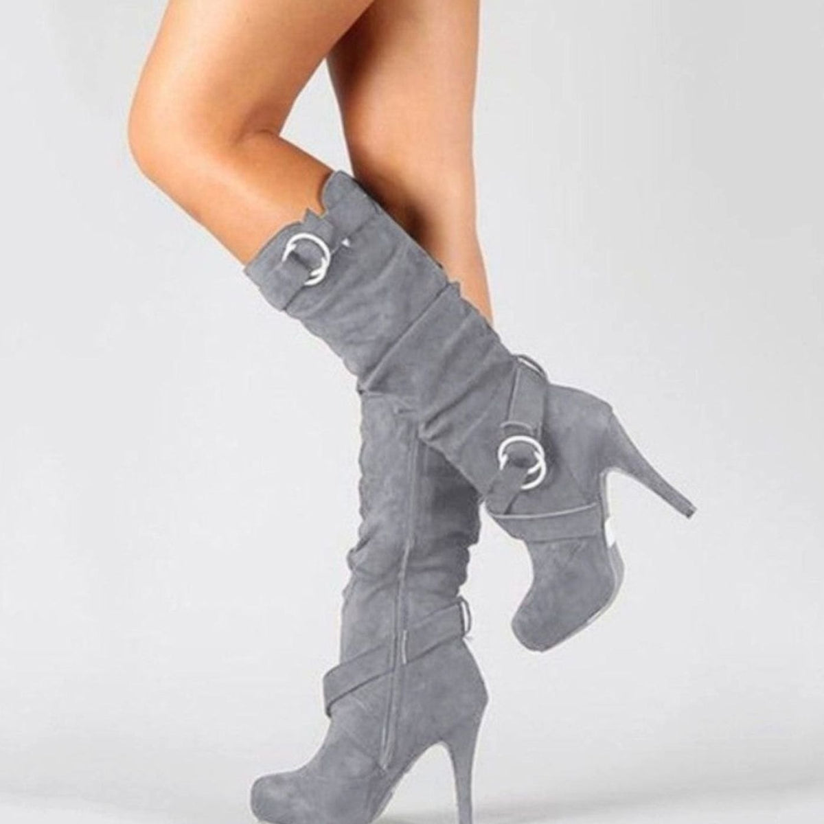 Women's Suede Knee-High Stiletto Heel Boots Buckle Detail - Gray