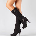 Women's Suede Knee-High Stiletto Heel Boots Buckle Detail - Black