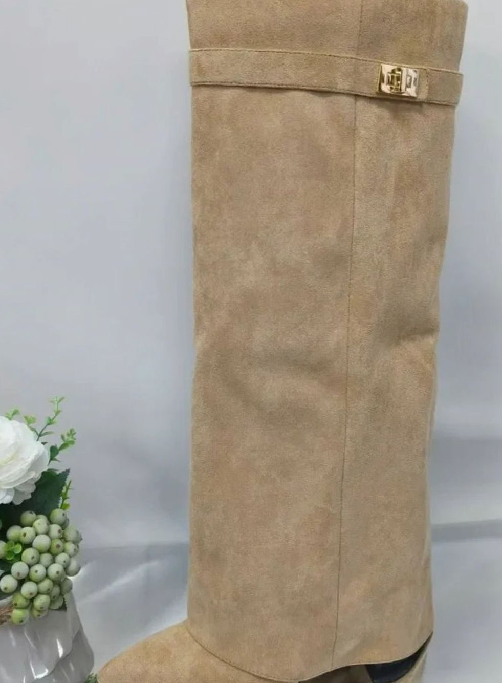 Women's Suede Knee-High Thigh-High Boots Gold Buckle Wedge - Apricot
