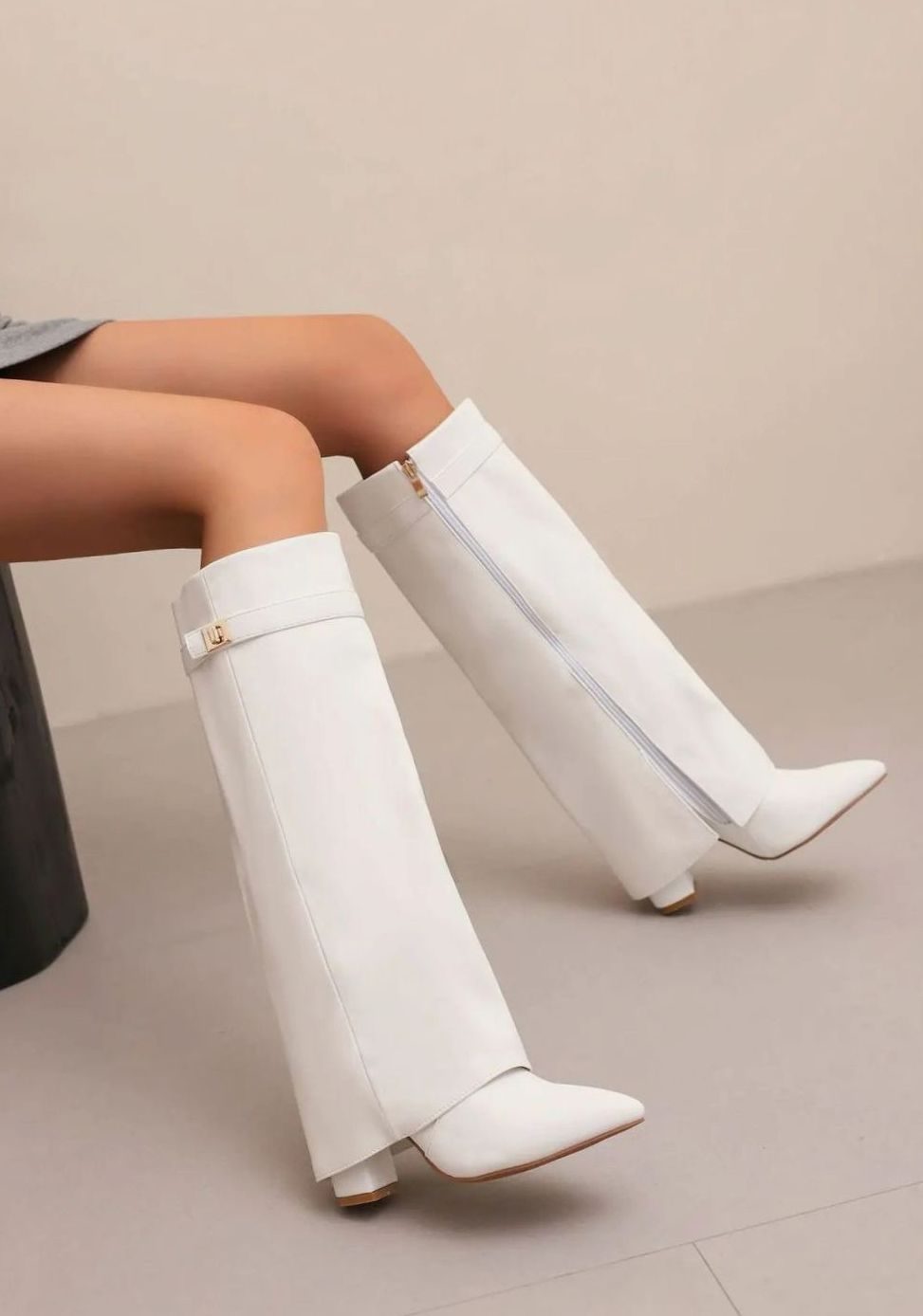 Women's Suede Knee-High Thigh-High Boots Gold Buckle Wedge - White Plush