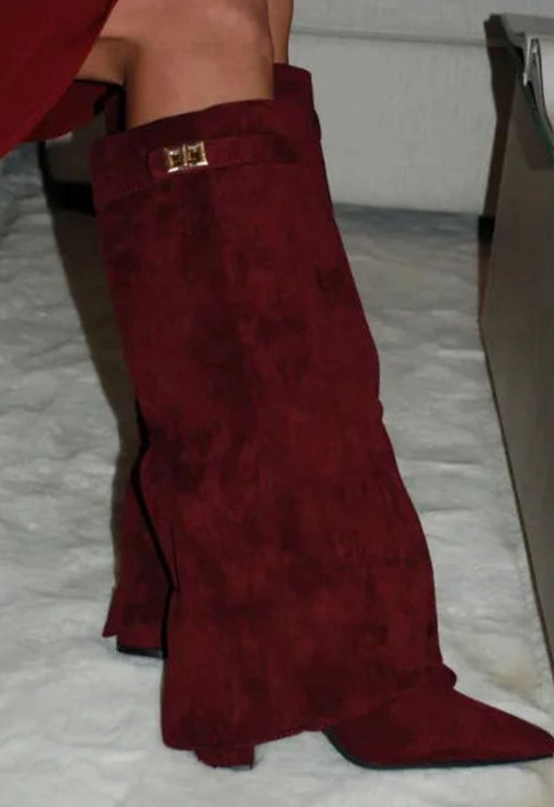 Women's Suede Knee-High Thigh-High Boots Gold Buckle Wedge - Red Suede