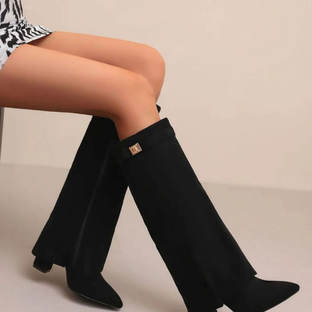 Women's Suede Knee-High Thigh-High Boots Gold Buckle Wedge - Suede Plush
