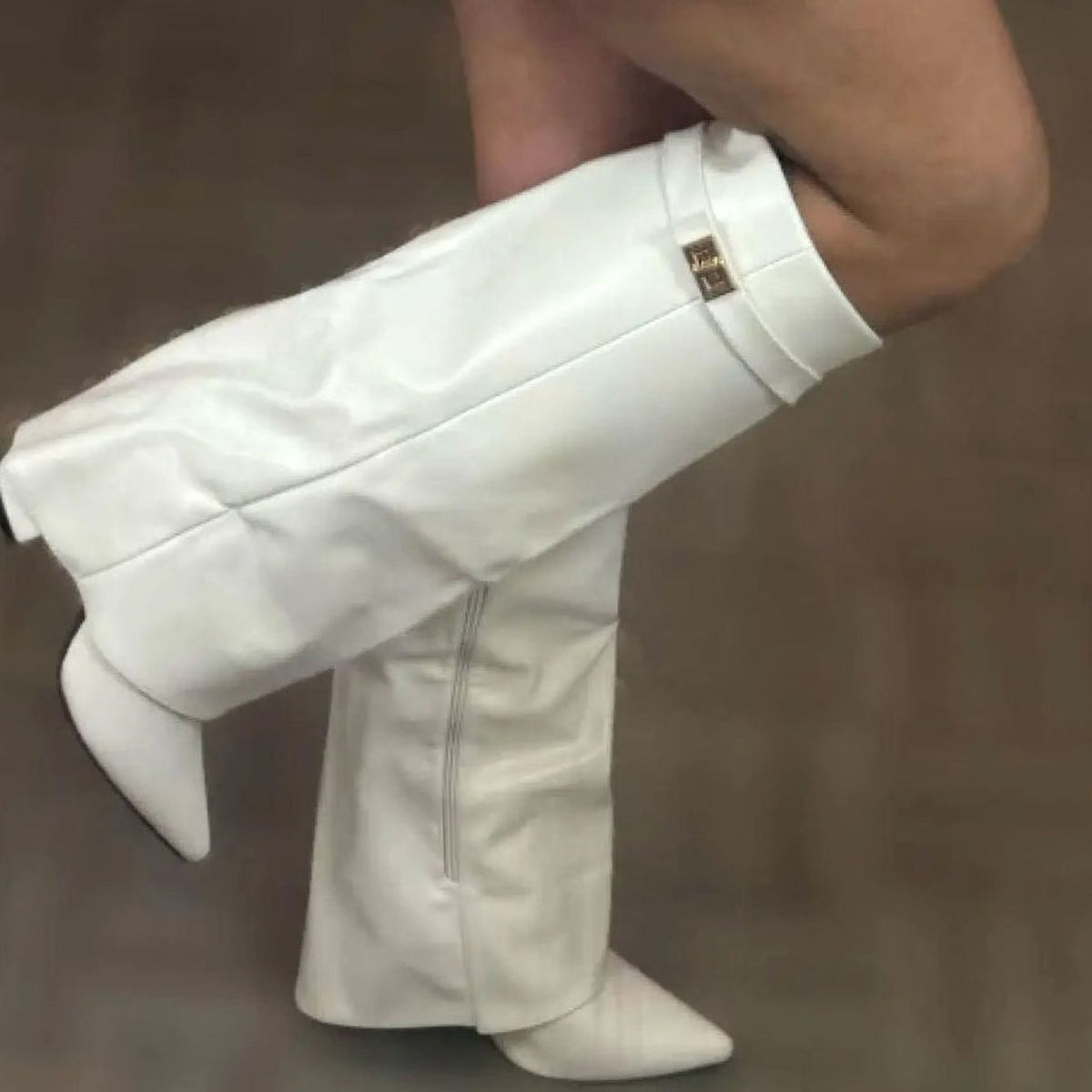 Women's Suede Knee-High Thigh-High Boots Gold Buckle Wedge - White