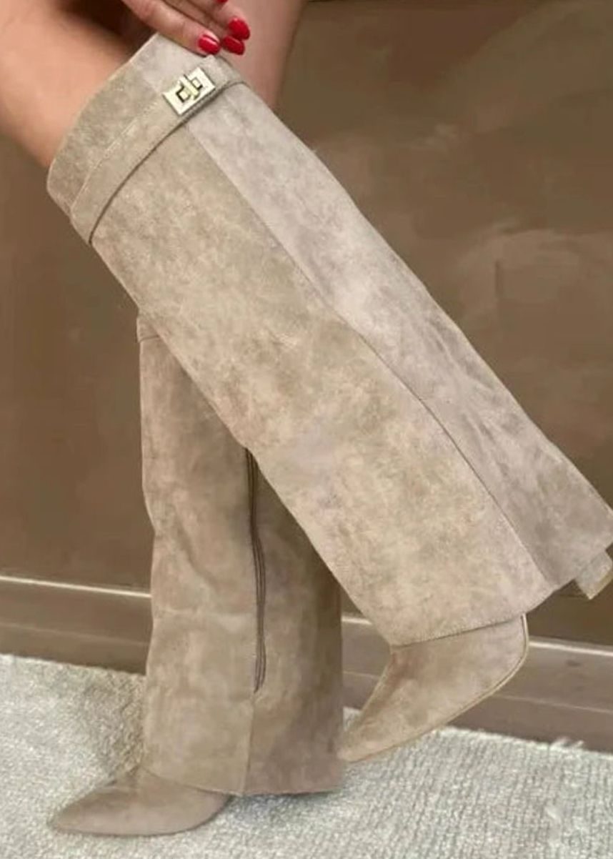 Women's Suede Knee-High Thigh-High Boots Gold Buckle Wedge