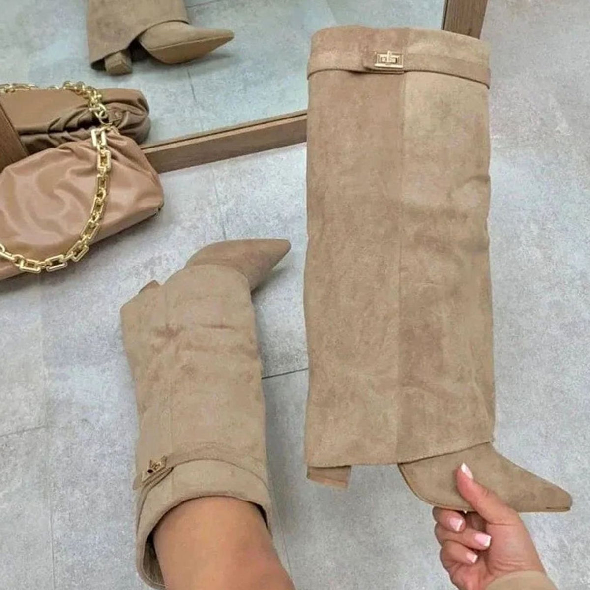 Women's Suede Knee-High Thigh-High Boots Gold Buckle Wedge - Apricot Plush