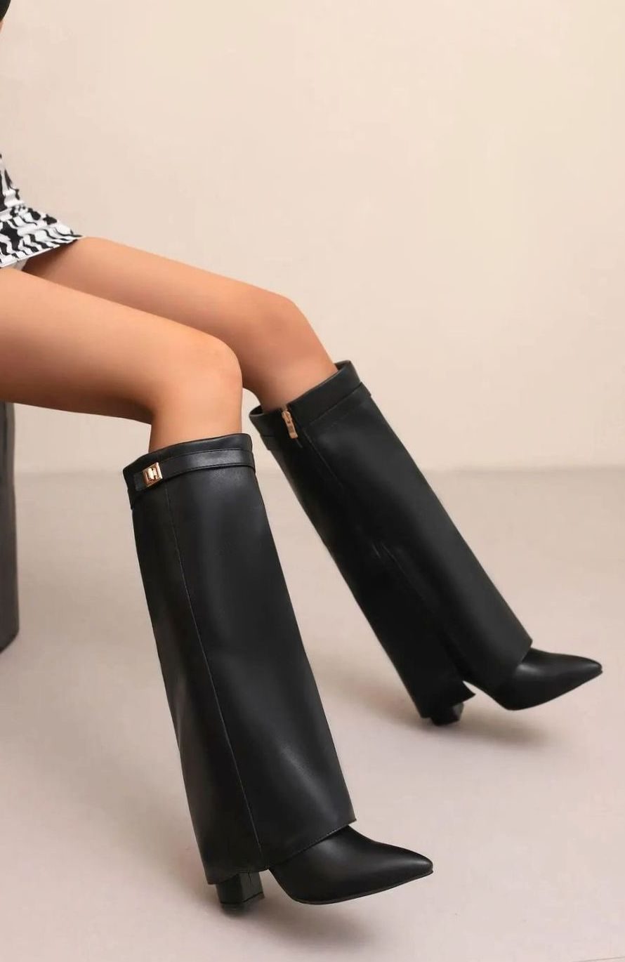 Women's Suede Knee-High Thigh-High Boots Gold Buckle Wedge - Black Plush
