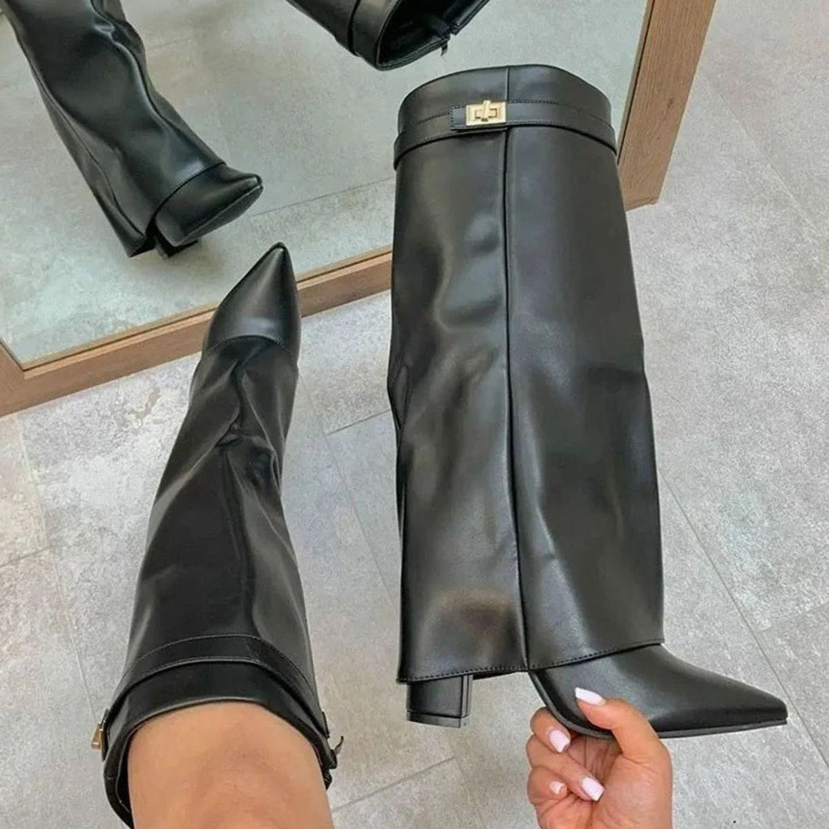 Women's Suede Knee-High Thigh-High Boots Gold Buckle Wedge - Black Suede