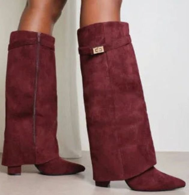 Women's Suede Knee-High Thigh-High Boots Gold Buckle Wedge - Red Suede Plush