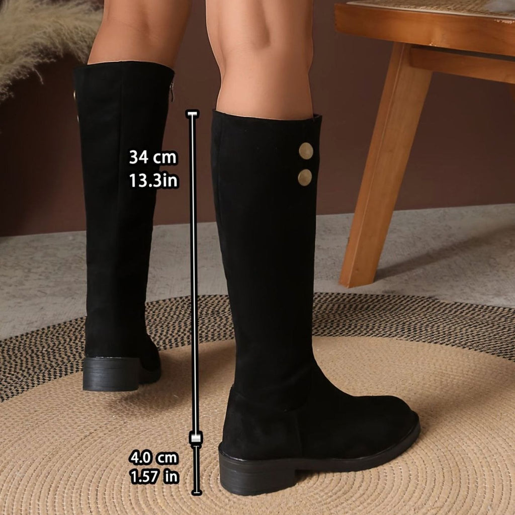 Women's Suede-Look Block-Heel Gold-Button Knee High Boots