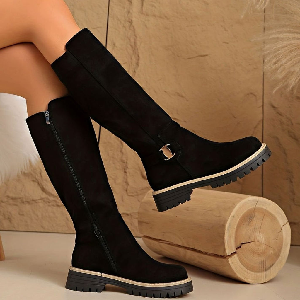 Women's Suede-Look Block Heel Knee High Boots Side Zip