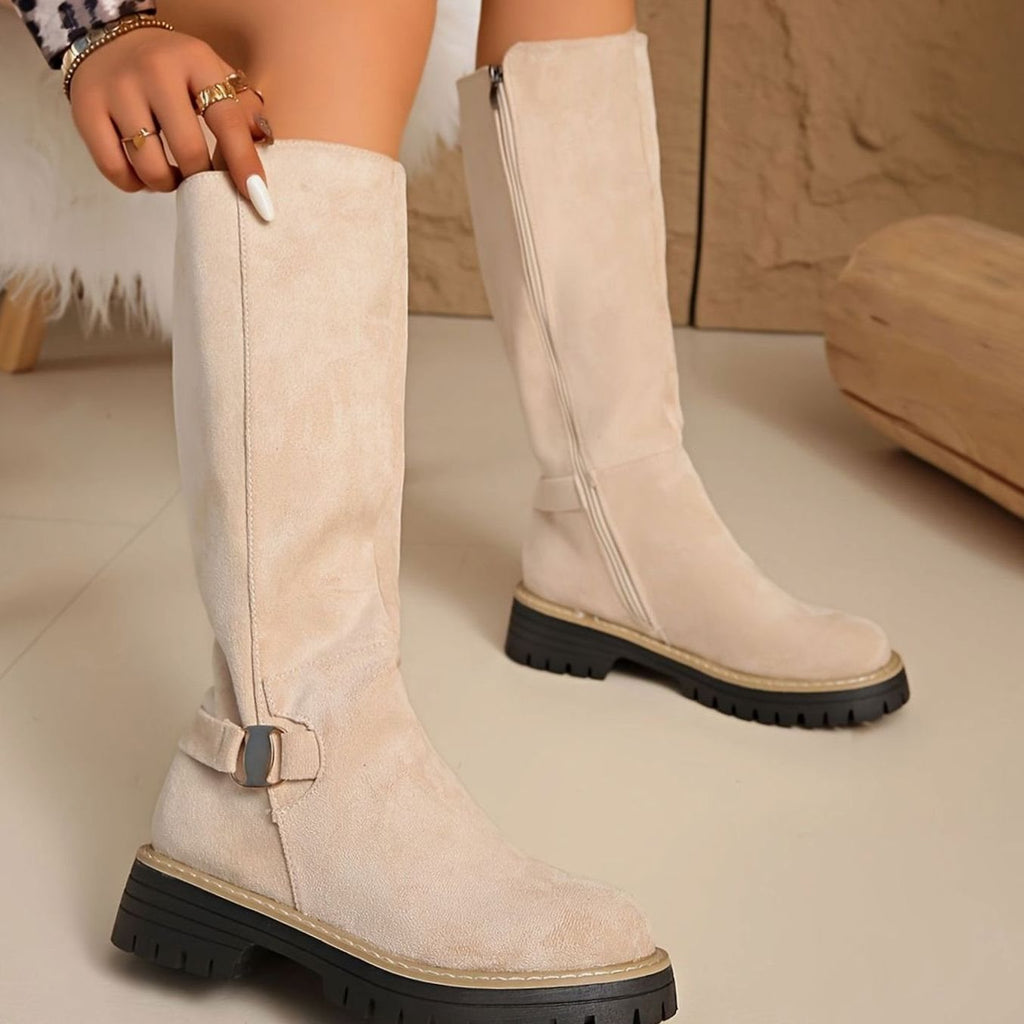 Women's Suede-Look Block Heel Knee High Boots Side Zip - Beige