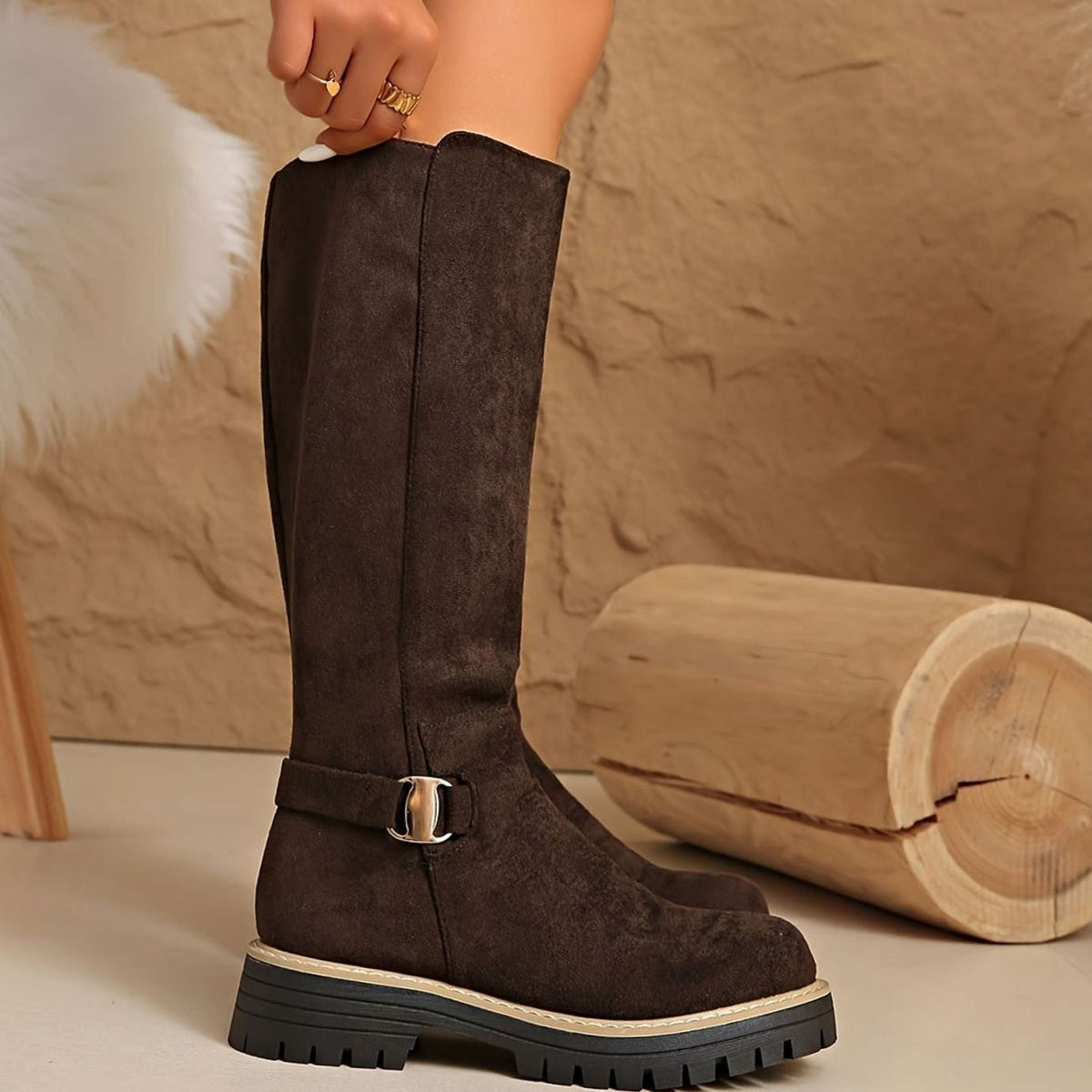 Women's Suede-Look Block Heel Knee High Boots Side Zip