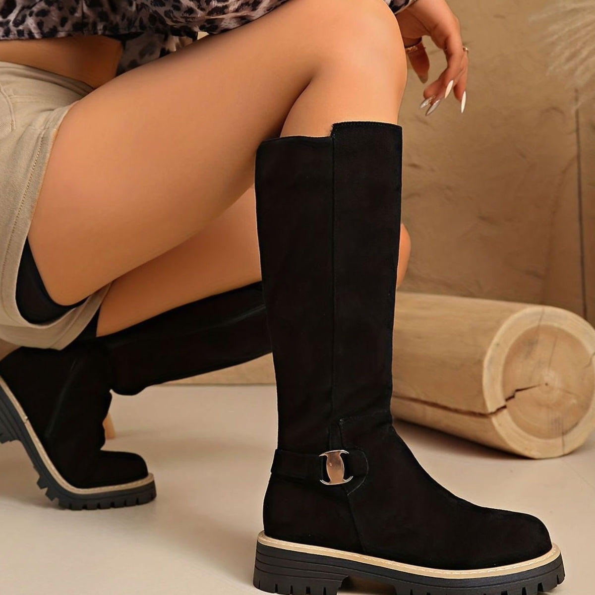 Women's Suede-Look Block Heel Knee High Boots Side Zip