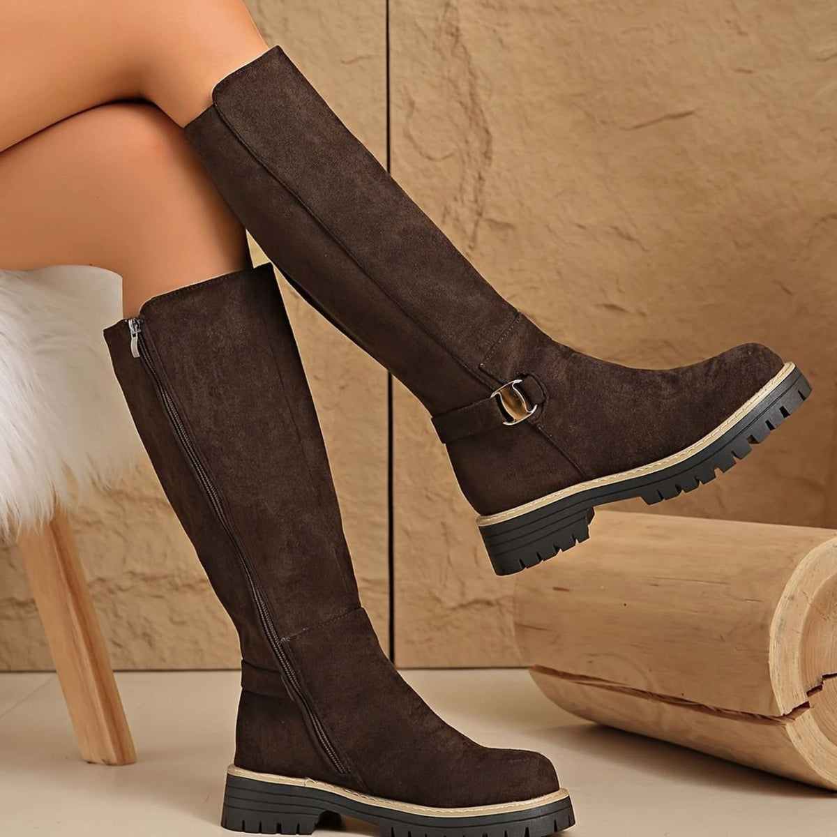 Women's Suede-Look Block Heel Knee High Boots Side Zip - Coffee