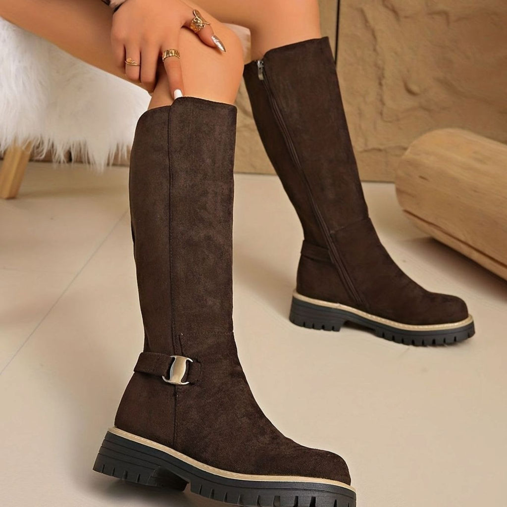 Women's Suede-Look Block Heel Knee High Boots Side Zip