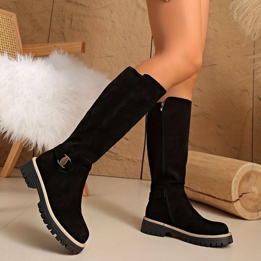 Women's Suede-Look Block Heel Knee High Boots Side Zip - Black