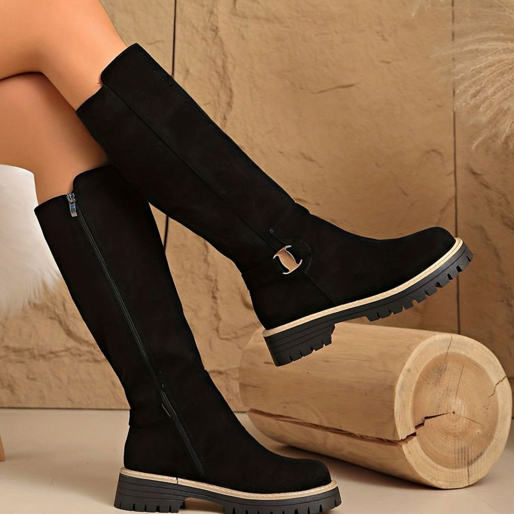 Women's Suede-Look Block Heel Knee High Boots Side Zip