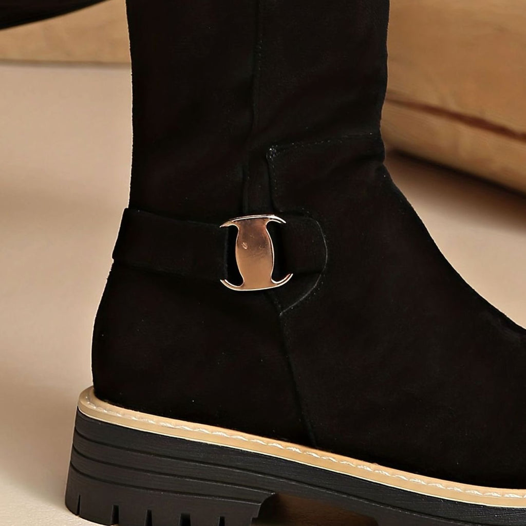 Women's Suede-Look Block Heel Knee High Boots Side Zip