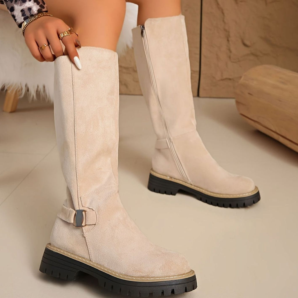 Women's Suede-Look Block Heel Knee High Boots Side Zip