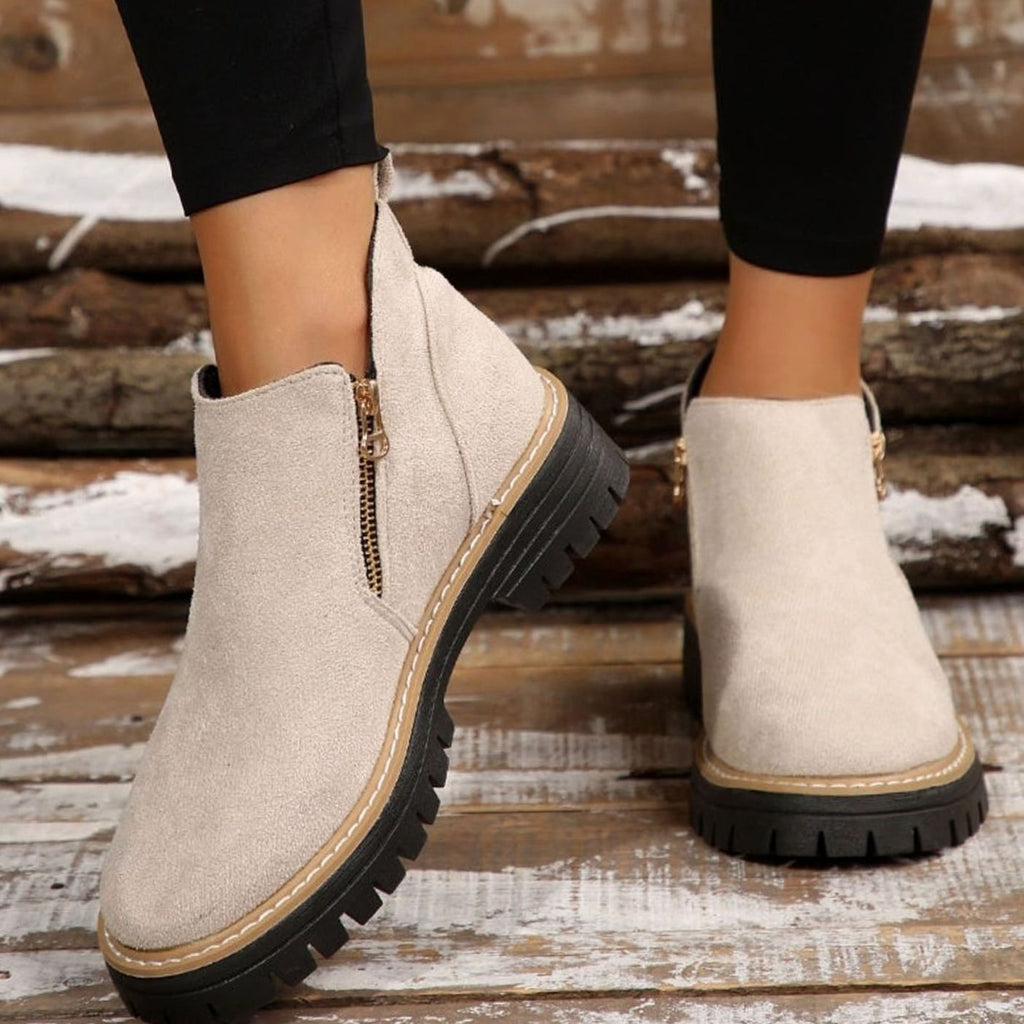 Women's Suede-Look Platform Ankle Boots Side Zipper Chunky Sole - Beige
