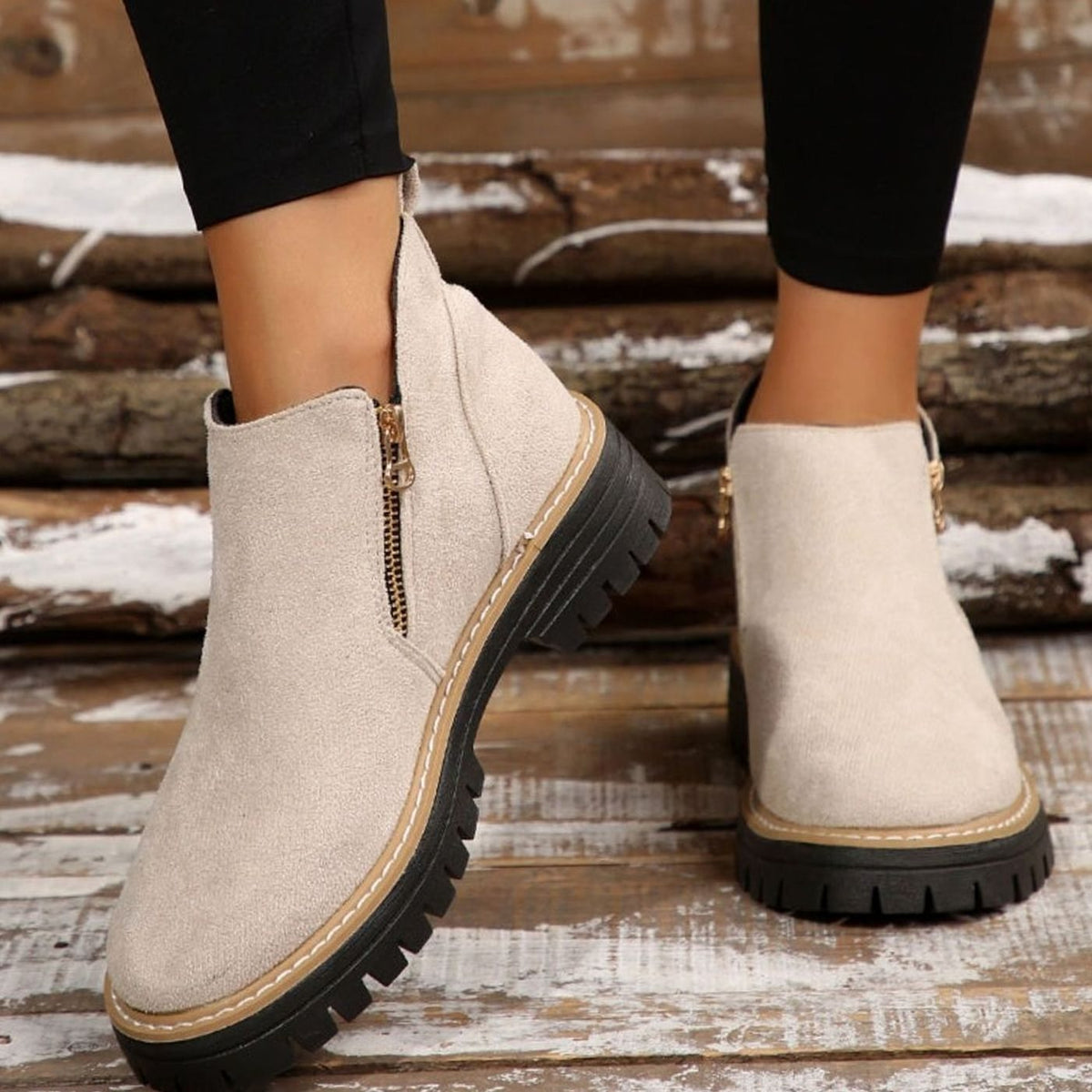 Women's Suede-Look Platform Ankle Boots Side Zipper Chunky Sole - Beige