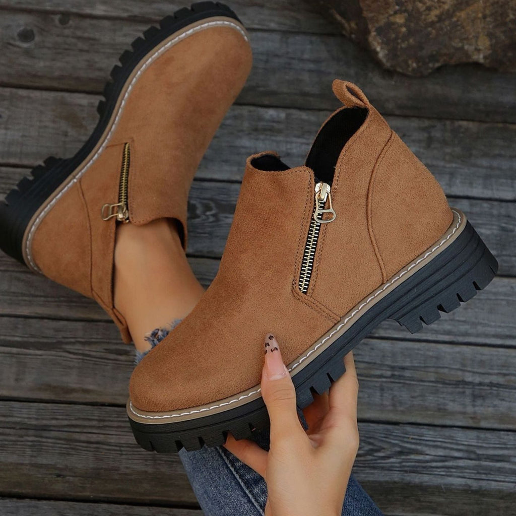 Women's Suede-Look Platform Ankle Boots Side Zipper Chunky Sole - Brown