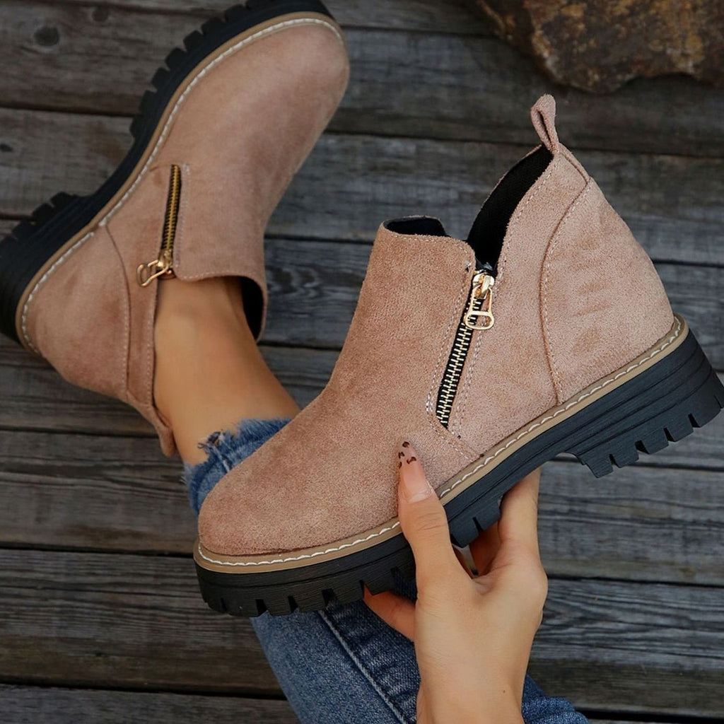 Women's Suede-Look Platform Ankle Boots Side Zipper Chunky Sole - Pink