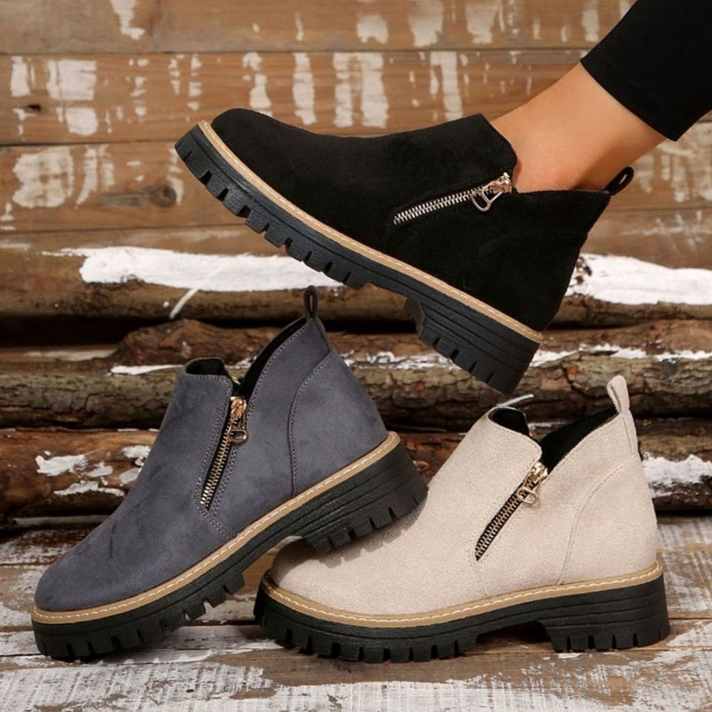 Women's Suede-Look Platform Ankle Boots Side Zipper Chunky Sole