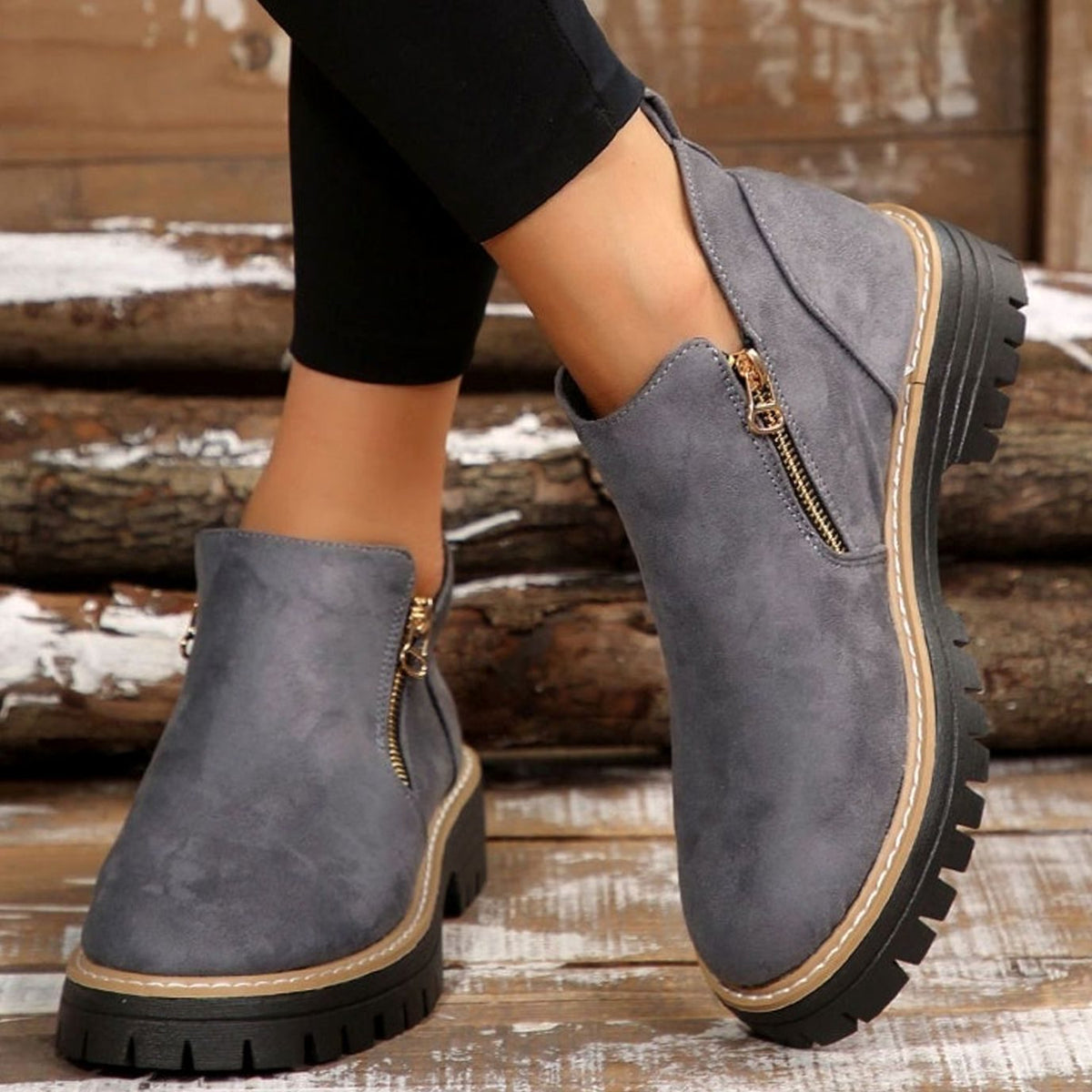 Women's Suede-Look Platform Ankle Boots Side Zipper Chunky Sole - Gray