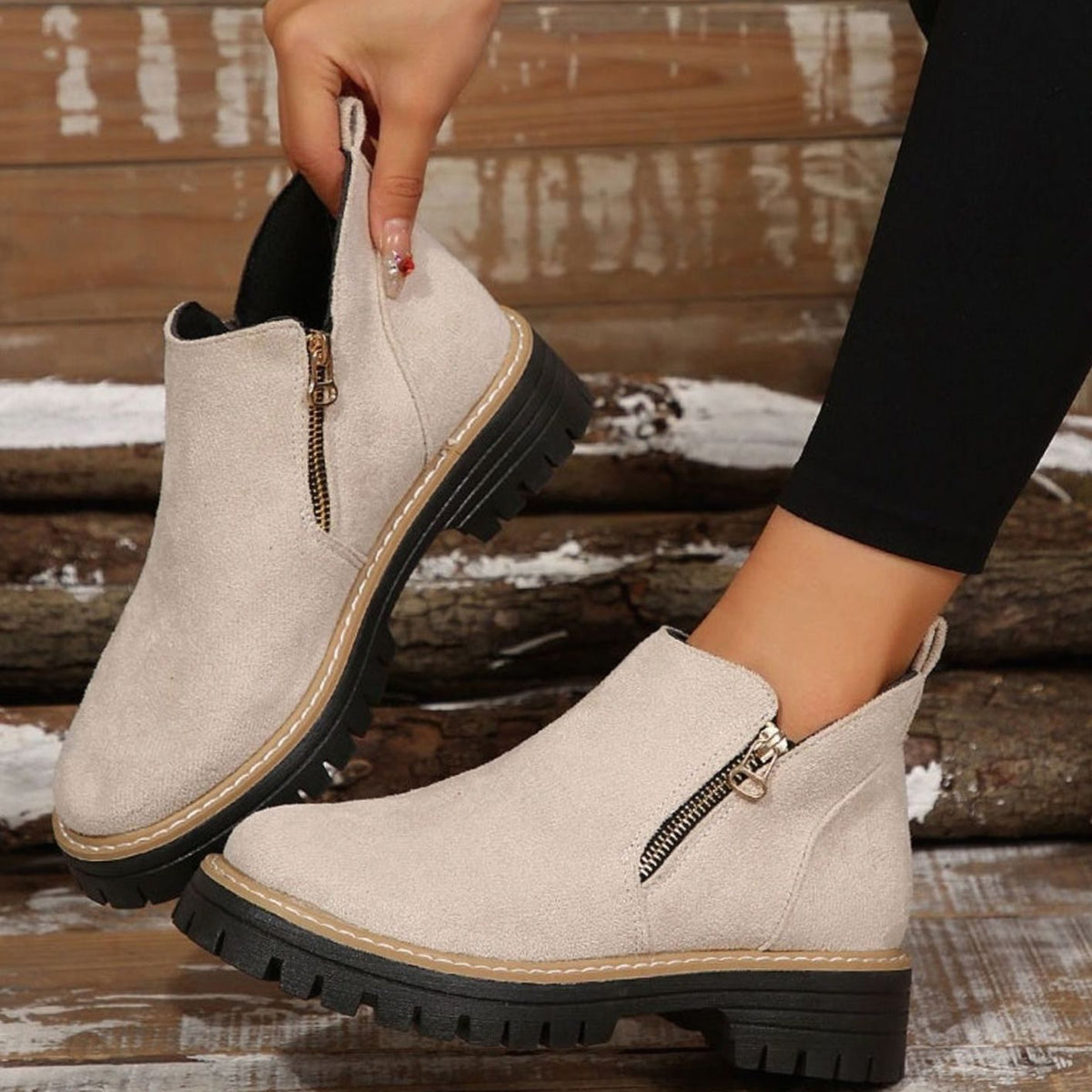 Women's Suede-Look Platform Ankle Boots Side Zipper Chunky Sole