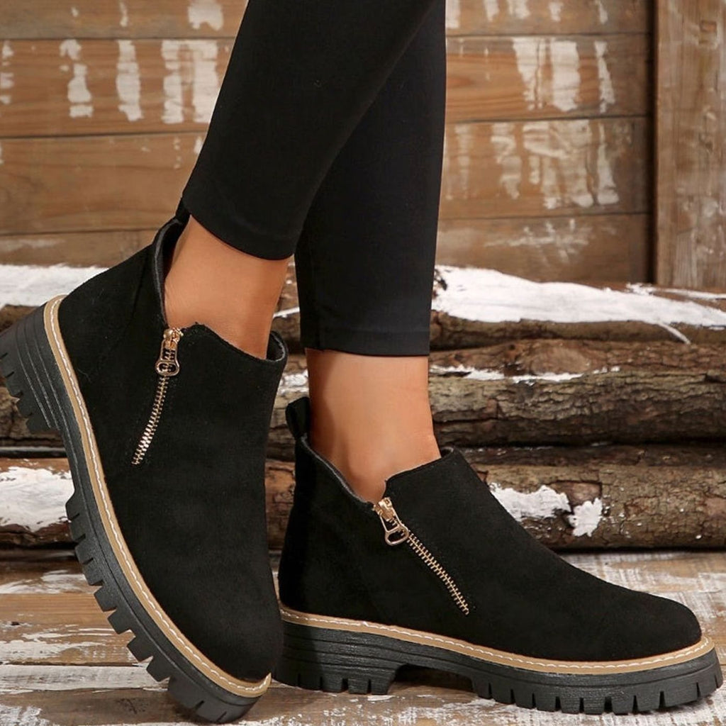 Women's Suede-Look Platform Ankle Boots Side Zipper Chunky Sole