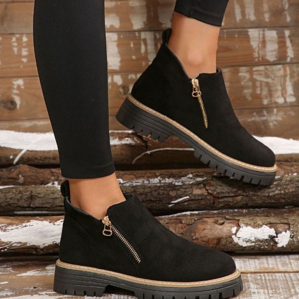 Women's Suede-Look Platform Ankle Boots Side Zipper Chunky Sole