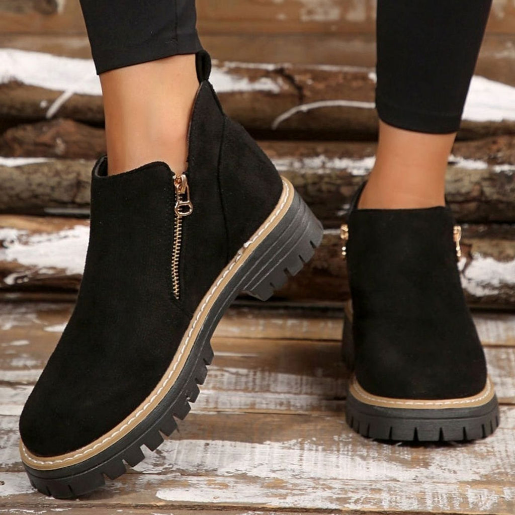 Women's Suede-Look Platform Ankle Boots Side Zipper Chunky Sole - Black