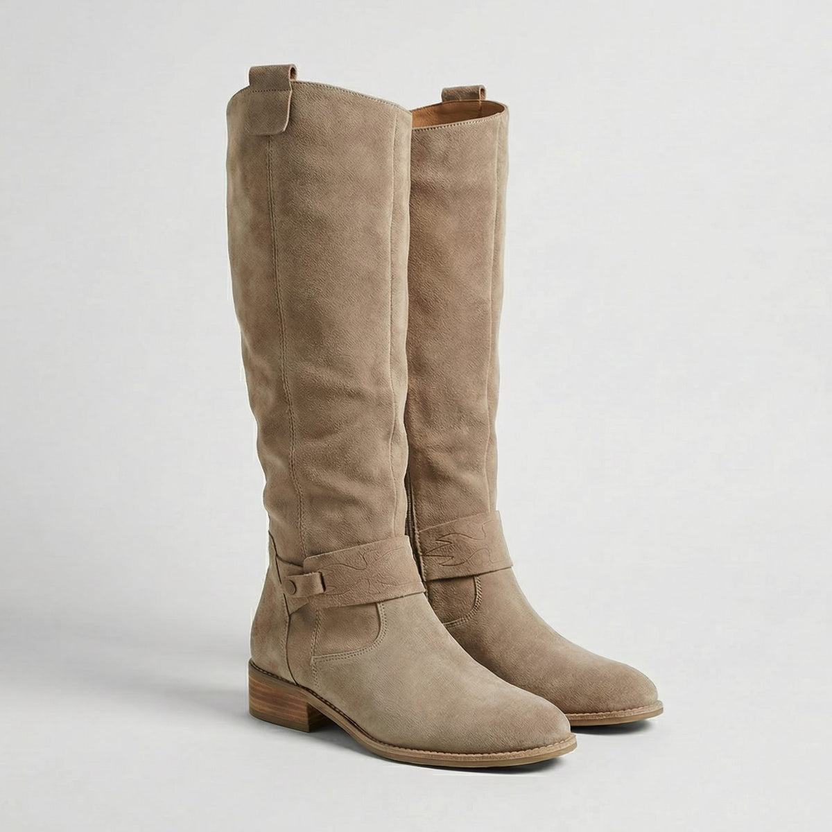 Women's Suede-Look Slouch Knee High Boots Low Heel - Beige