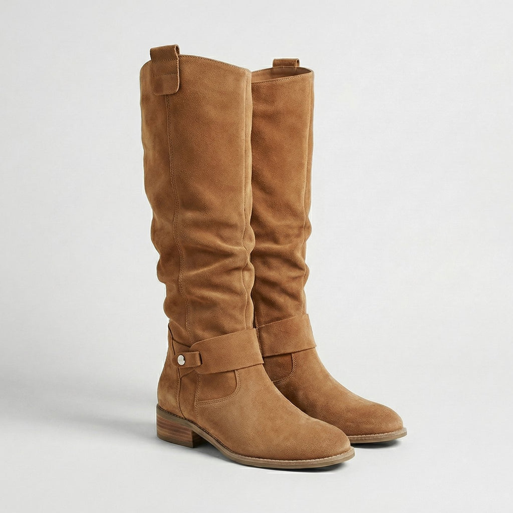 Women's Suede-Look Slouch Knee High Boots Low Heel - Light Brown