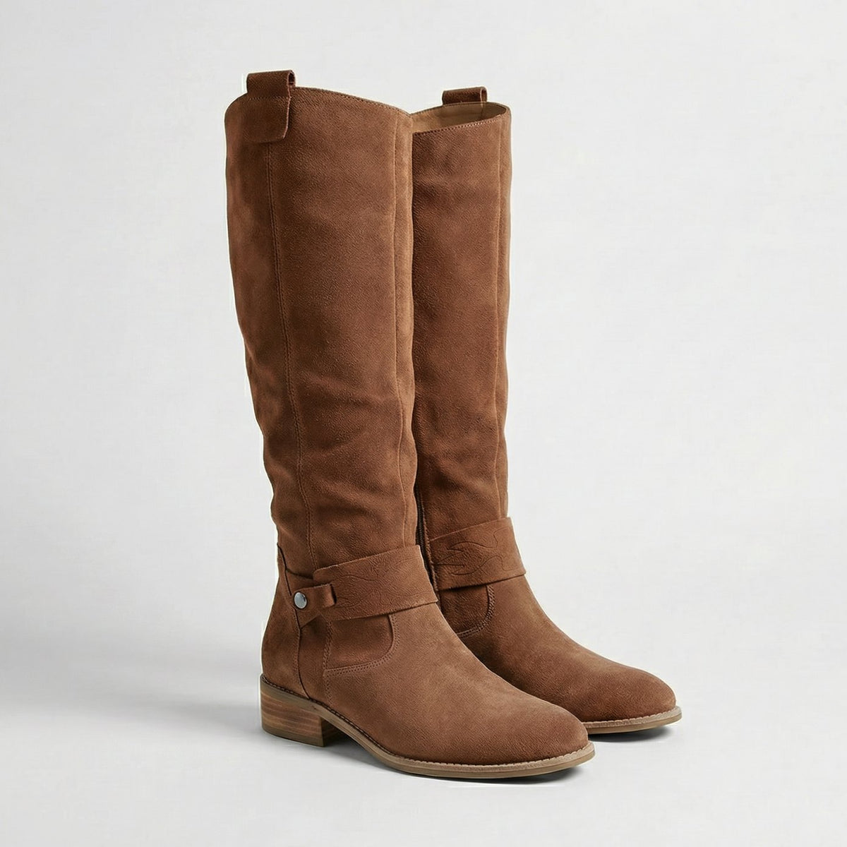 Women's Suede-Look Slouch Knee High Boots Low Heel - Brown