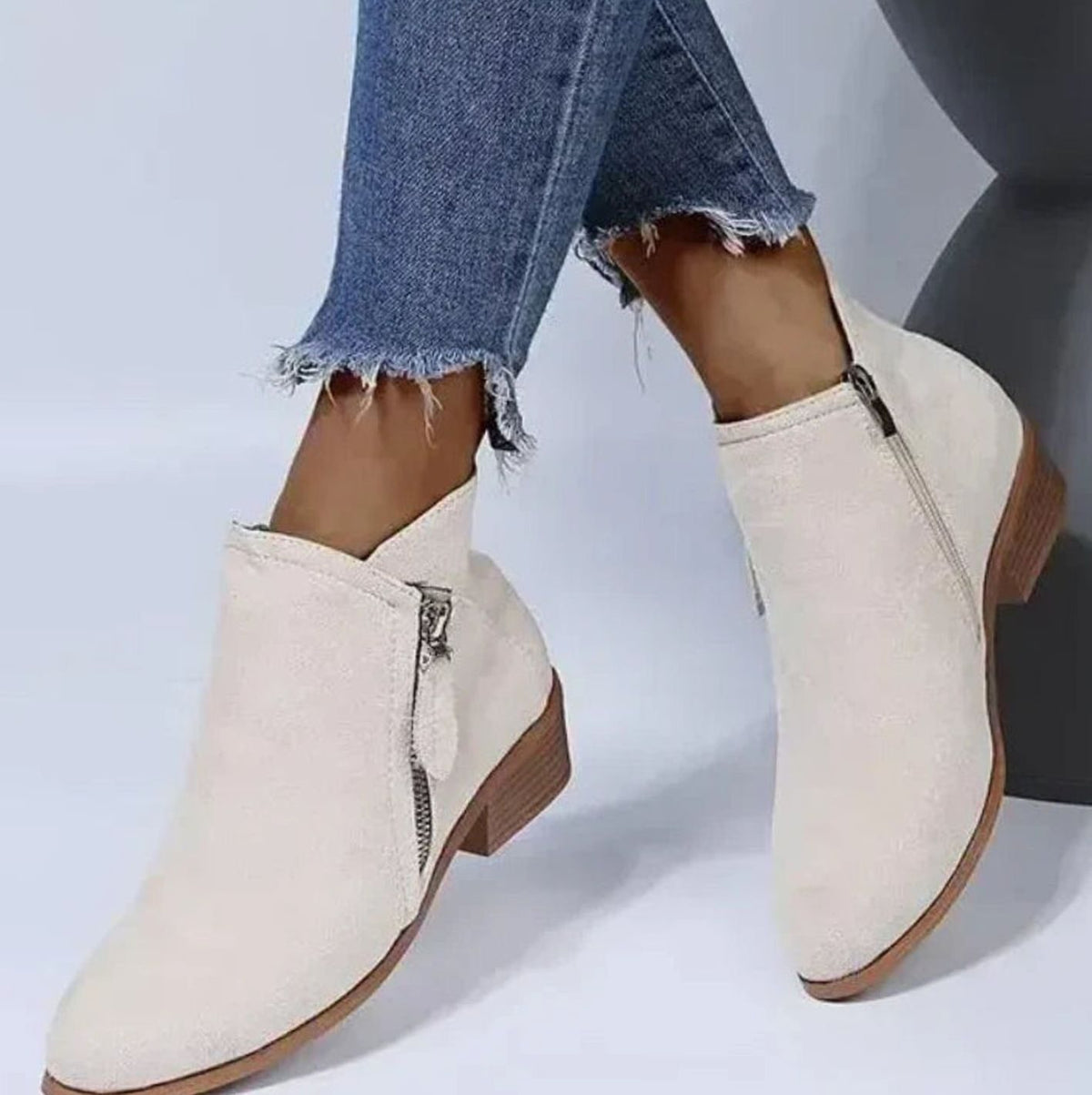 Women's Suede Low Block Heel Ankle Boots Zip Closure - Bone