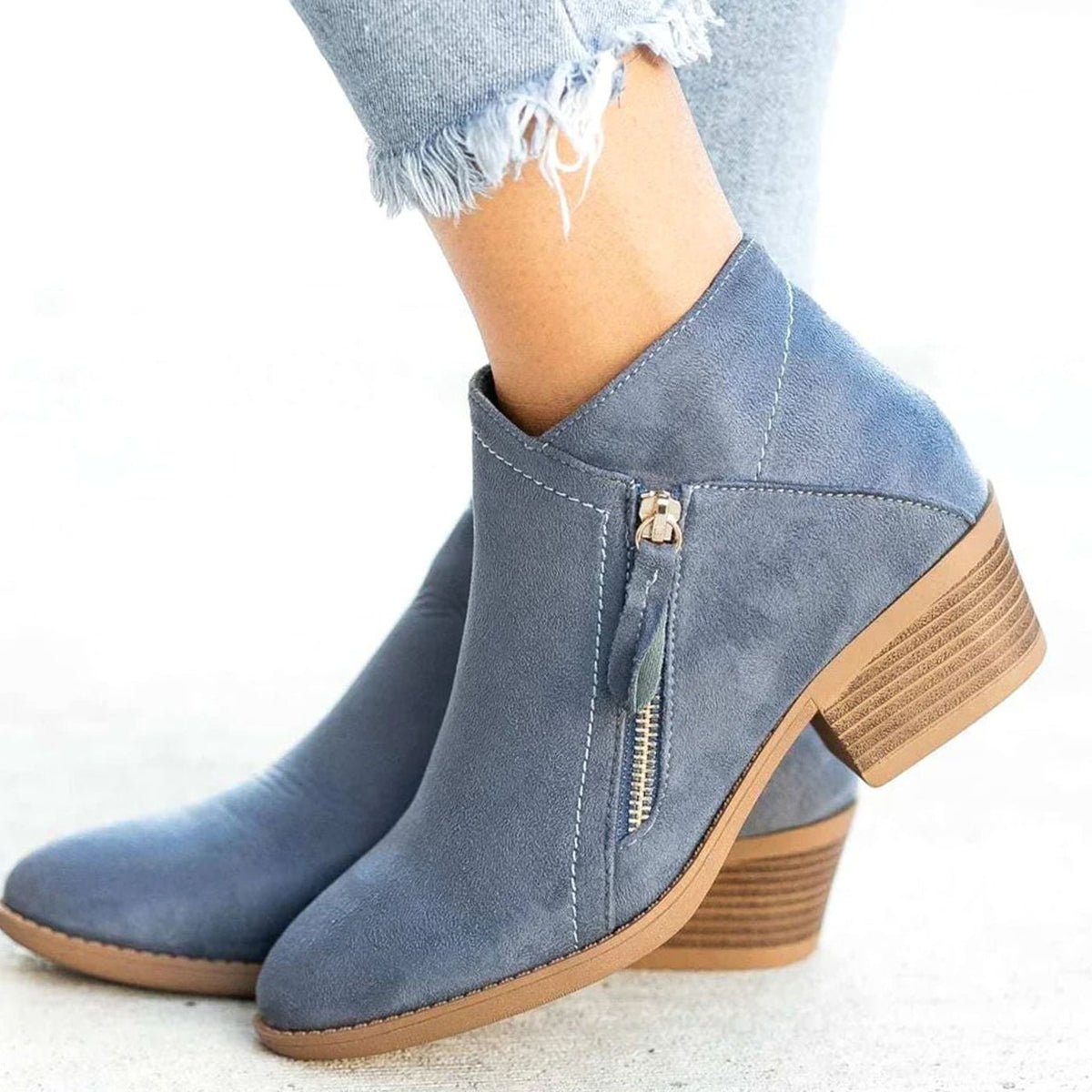 Women's Suede Low Block Heel Ankle Boots Zip Closure - Blue