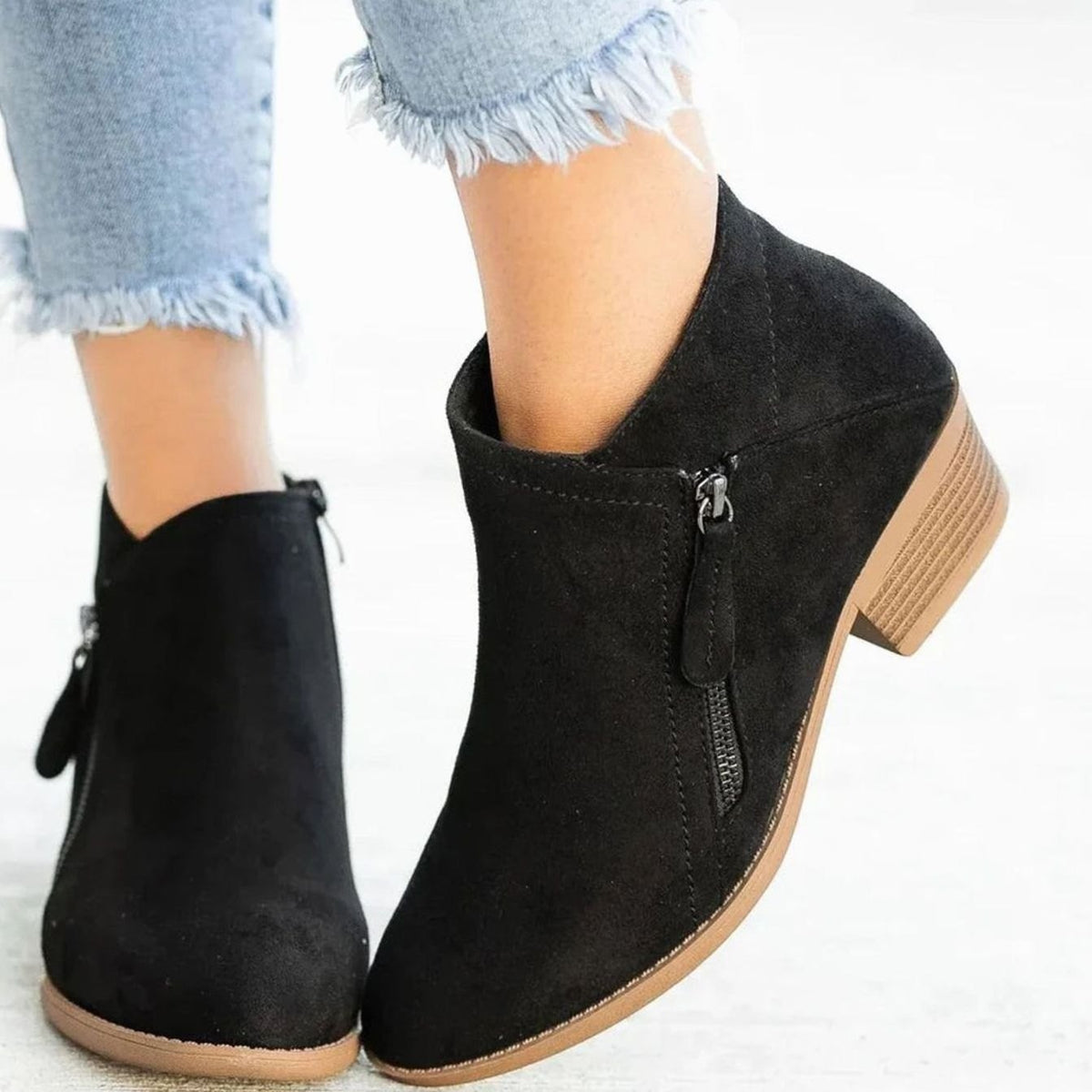 Women's Suede Low Block Heel Ankle Boots Zip Closure - Black