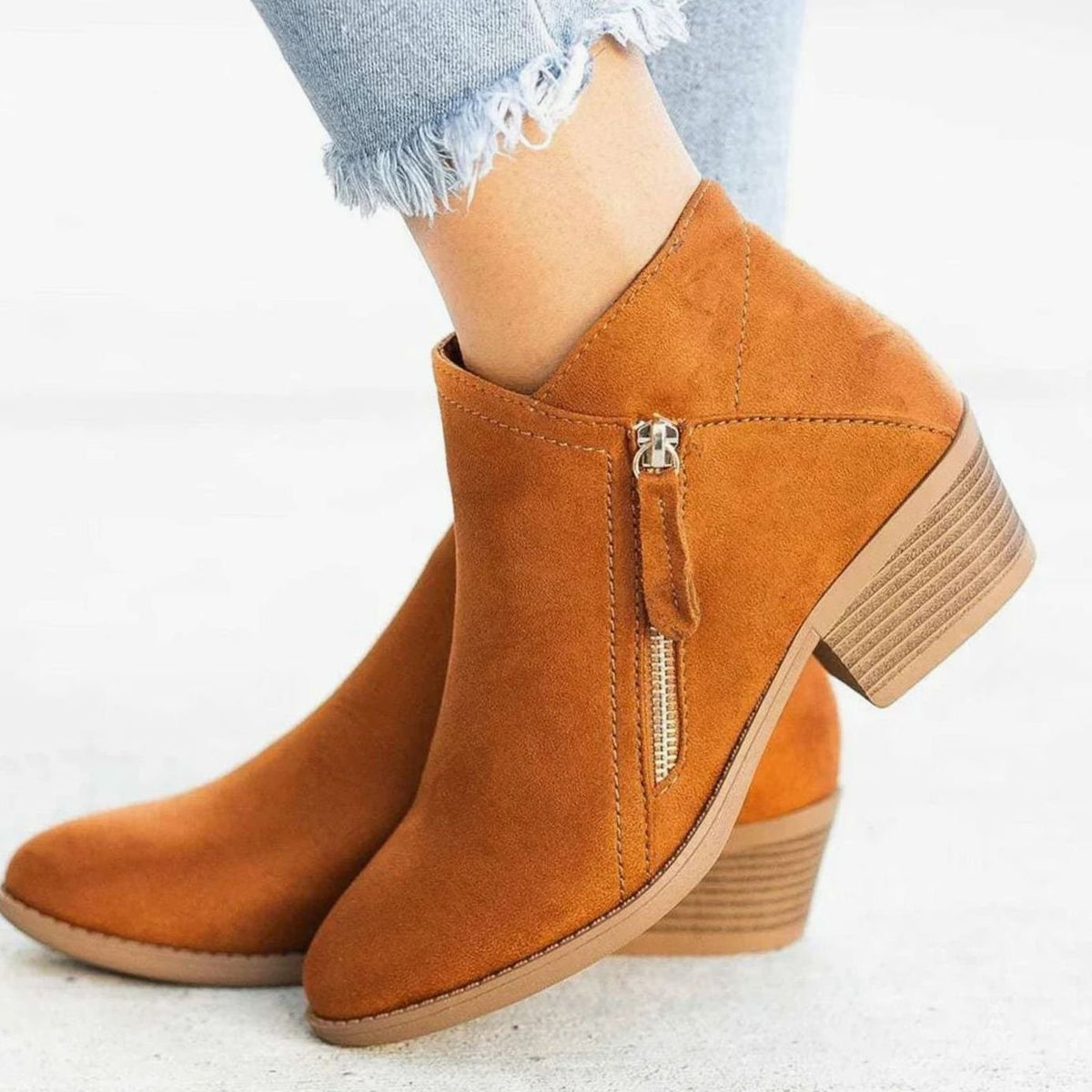 Women's Suede Low Block Heel Ankle Boots Zip Closure - Orange