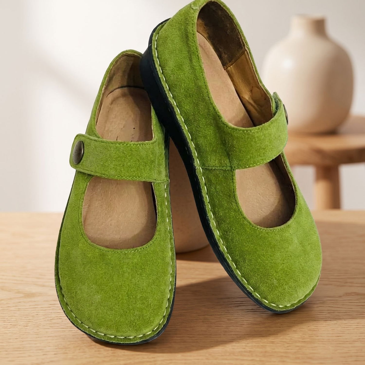 Women's Suede Mary Jane Flats Cushioned Buckle Strap Comfort Shoes - Green